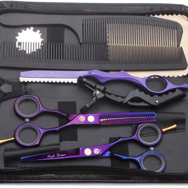 Purple Dragon 5.5 inch Hair Cutting Scissors Set with Razor, Leather Scissors Case, Barber Hair Cutting Shears Hair Thinning/Texturizing Shears for Professional Hairdresser or Home Use ()