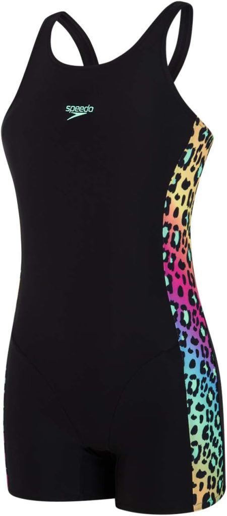 Speedo JungleGlare Allover Panel Leaderback Girls Legsuit, Black/Green Glow, 9-10 Years