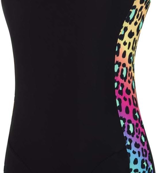 Speedo JungleGlare Allover Panel Leaderback Girls Legsuit, Black/Green Glow, 9-10 Years