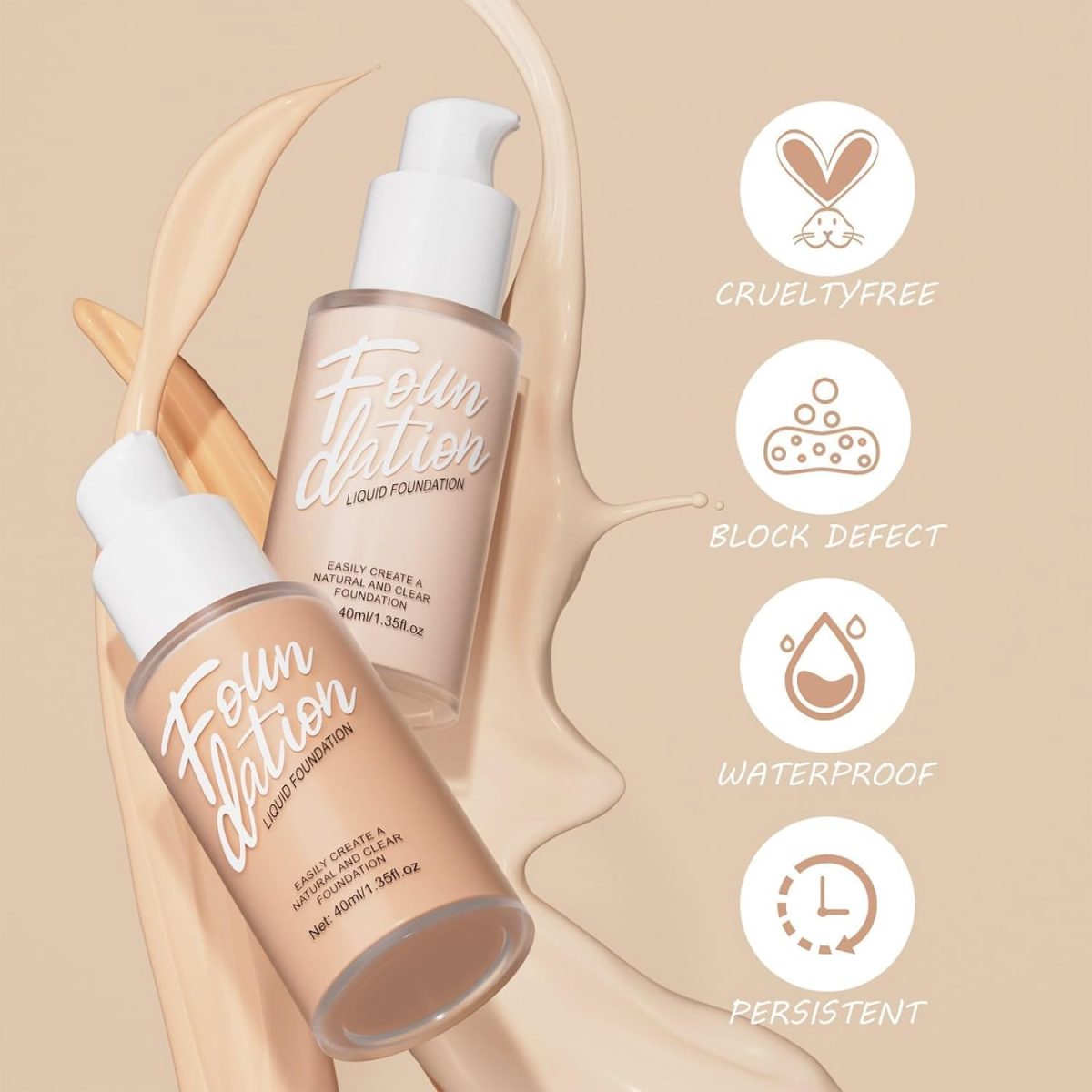 ⁦KASTWAVE Foundation Makeup, Durable Waterproof Soft Matte Liquid Foundation, Oil Control Concealer Cream Full Coverage Foundation. (102 Nude, 40 ml)⁩ - الصورة ⁦6⁩