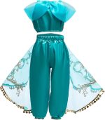 ⁦Emin Girls Jasmine Princess Dresses Aladdin Princess Costume with Wig for Children Birthday Party Cosplay Halloween Christmas Carnival Dress Up⁩ - الصورة ⁦3⁩