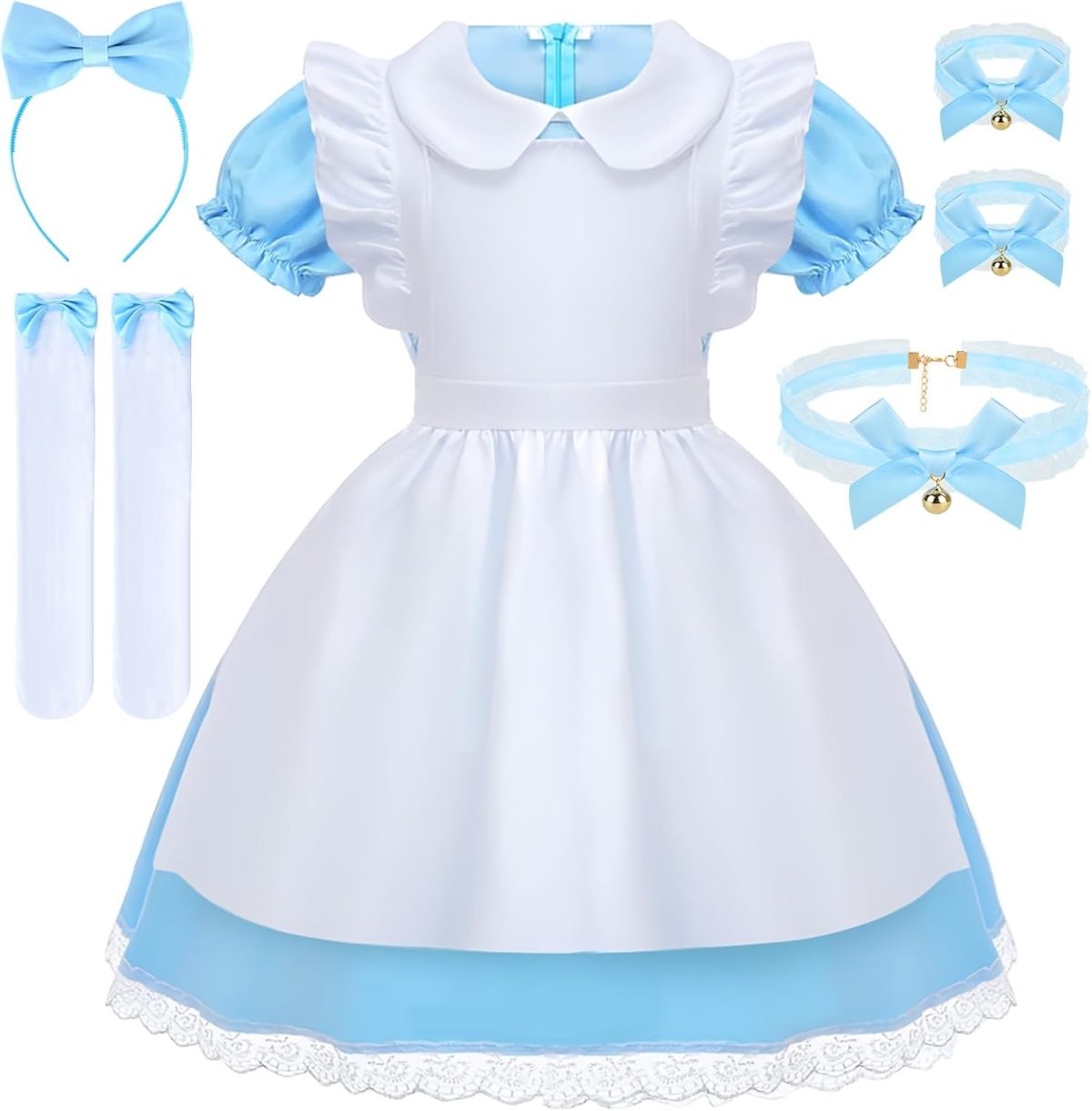 BIQIQI Princess Costumes for Girls, Blue Princess Dress Fancy Dress with White Apron and Headband, Girls Dressing Up Costumes, Halloween Birthday Party Cosplay Outfit for Kid,Size 130cm-150cm