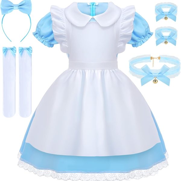 BIQIQI Princess Costumes for Girls, Blue Princess Dress Fancy Dress with White Apron and Headband, Girls Dressing Up Costumes, Halloween Birthday Party Cosplay Outfit for Kid,Size 130cm-150cm