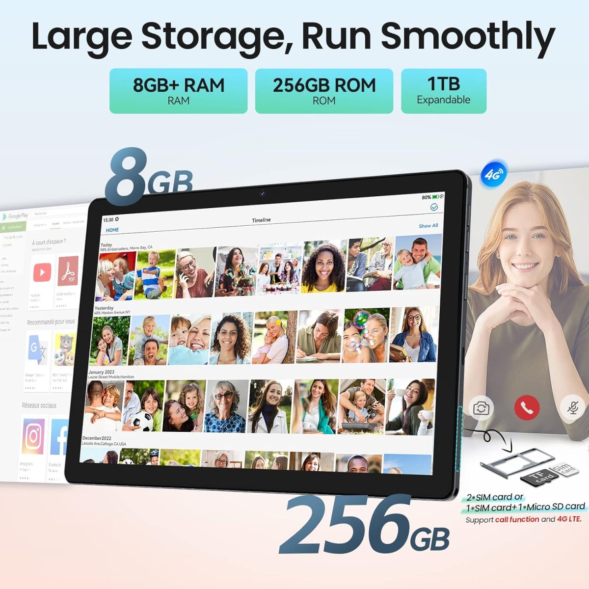 ⁦كينستون تابلت اندرويد 10.1 انش، ذاكرة RAM 8GB وروم 256GB (1TB قابل للتوسيع)، ثماني النواة 2.0GHz، بطارية 8000mAh، شاشة FHD IPS، اتصال 4G LTE، واي فاي ثنائي النطاق، كاميرا 13MP، معتمد من جي ام اس⁩ - الصورة ⁦6⁩