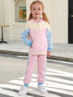 ⁦Valcatch Girls Tracksuit Sets 2 Piece Long Sleeve Zipper Hoodie Top and Sweatpants Colour Blocked Jogger Set for Kids Toddler⁩ - الصورة ⁦2⁩