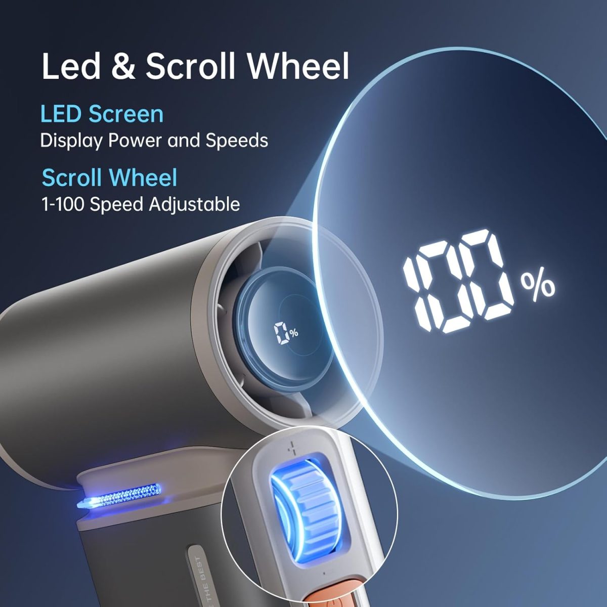 ⁦JISULIFE Portable Handheld Turbo Fan, 100 Speeds Adjustable Mini Personal Fan, 9000mAh USB Rechargeable Fan Battery Operated, LED Display, Metal Shell with Accessories Gifts for Men Women Travel-Brown⁩ - الصورة ⁦3⁩