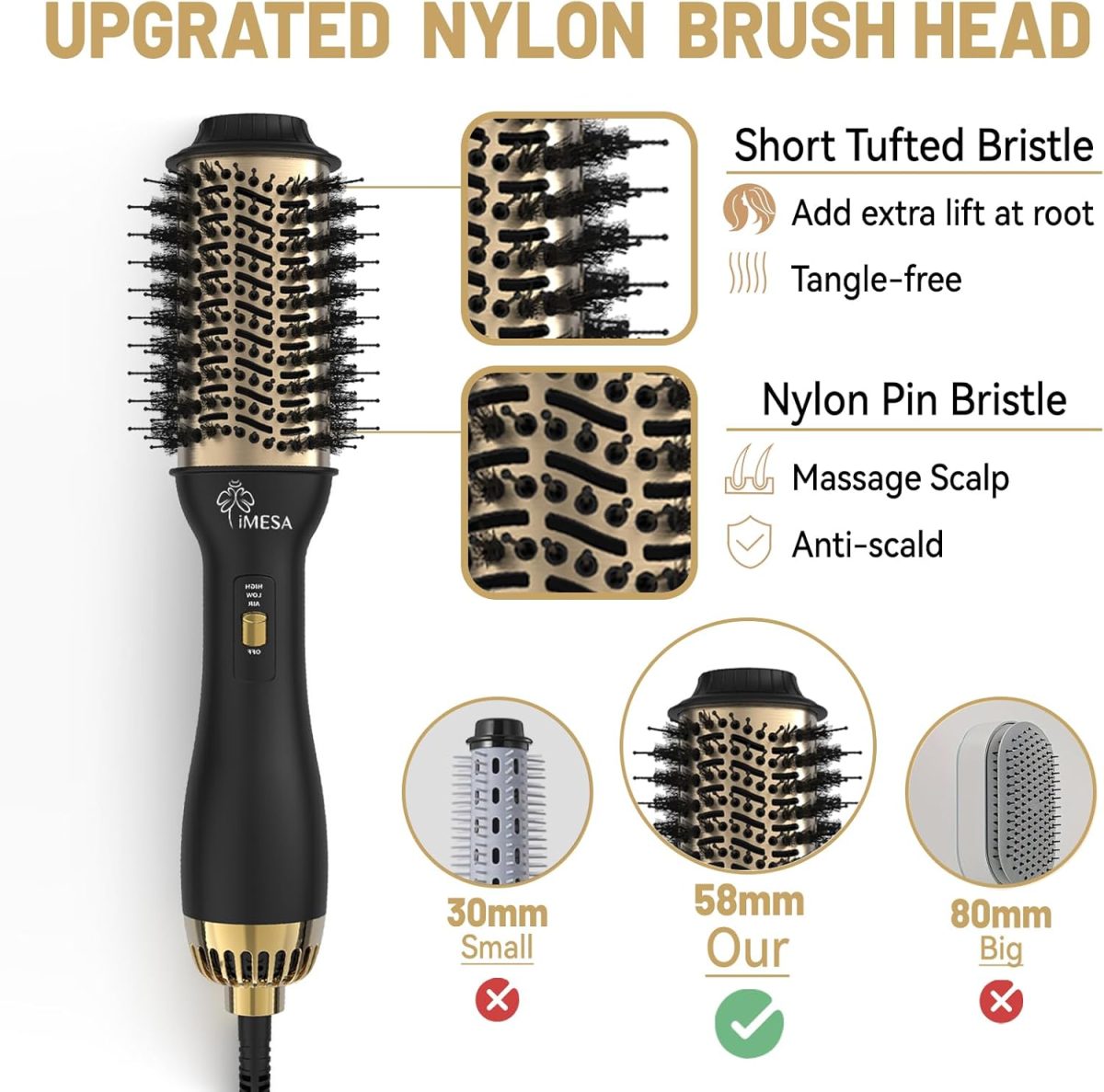 ⁦iMESA 4-IN-1 Multi-functional Hot Air Brush,1000W Hair Dryer Brush, Hair Dryer,Hair Styler Comb, 3 Speeds Temp, Hot Air Styler Black⁩ - الصورة ⁦4⁩