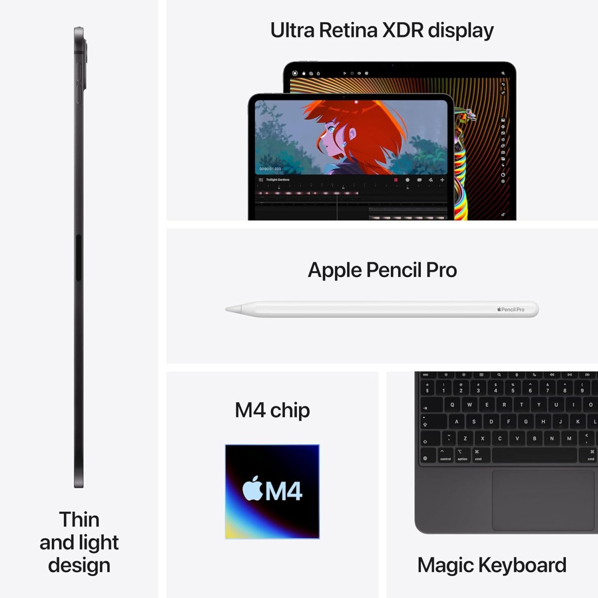 ⁦Apple iPad Pro 13-inch (M4): Ultra Retina XDR display, 256GB, Landscape 12MP Front Camera/12MP Back Camera, LiDAR scanner, Wi-Fi 6E, Face ID, All-Day Battery Life, Standard glass - Space Black⁩ - الصورة ⁦5⁩