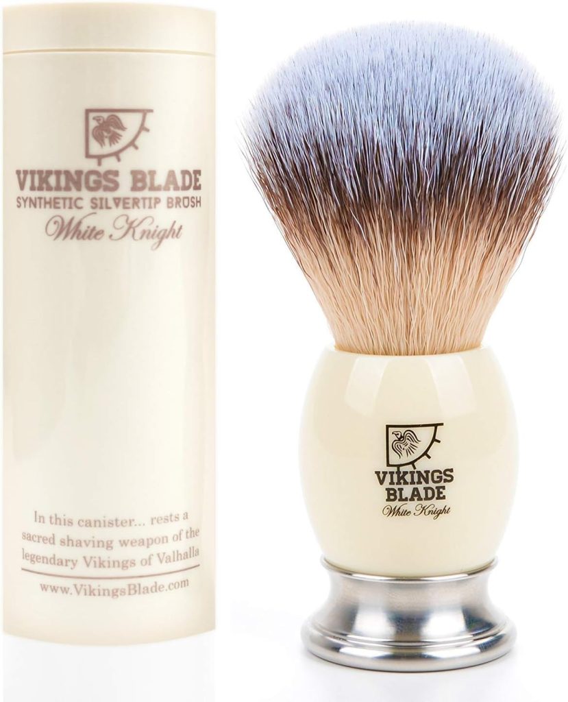 VIKINGS BLADE 'White Knight' Luxury Shaving Brush, Heavy Steel Base + Faux Ivory Acrylic