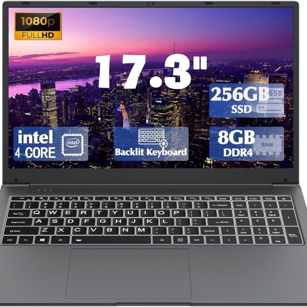 IJKKJI 17 Inch Laptop with Backlit Keyboard, Full-Size Large Font Keyboard, Intel Celeron N5095, 8GB RAM 256GB SSD, Computers with Windows 11, Type-C, Webcam, Dual Wi-Fi, Buletooth 4.2