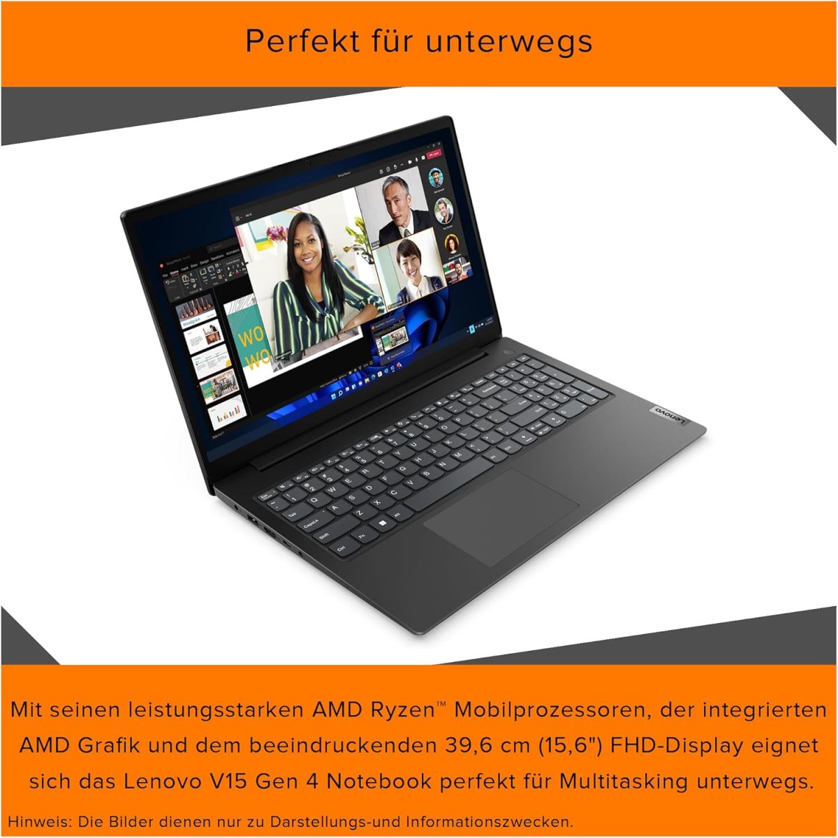 ⁦Lenovo V15 G4 Laptop, AMD Ryzen 5 7520U, 16GB DDR4 RAM, 2TB PCIe SSD, 15.6" FHD, AMD Radeon 610M, QWERTZ Keyboard, Windows 11 Pro, Office 2021, Black⁩ - الصورة ⁦6⁩