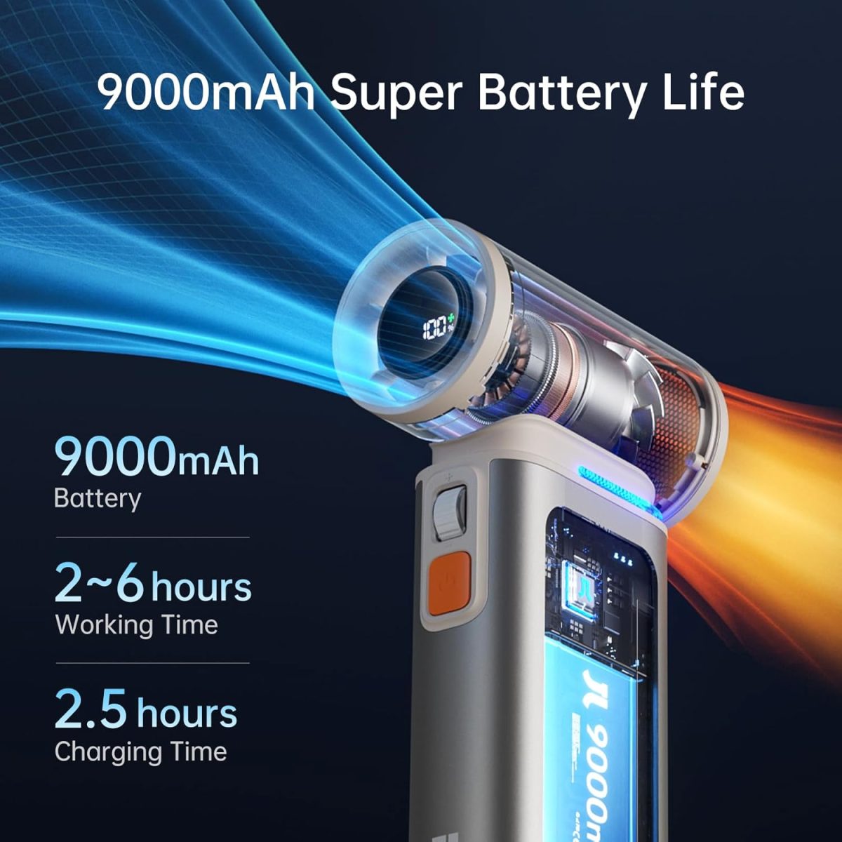 ⁦JISULIFE Portable Handheld Turbo Fan, 100 Speeds Adjustable Mini Personal Fan, 9000mAh USB Rechargeable Fan Battery Operated, LED Display, Metal Shell with Accessories Gifts for Men Women Travel-Brown⁩ - الصورة ⁦4⁩