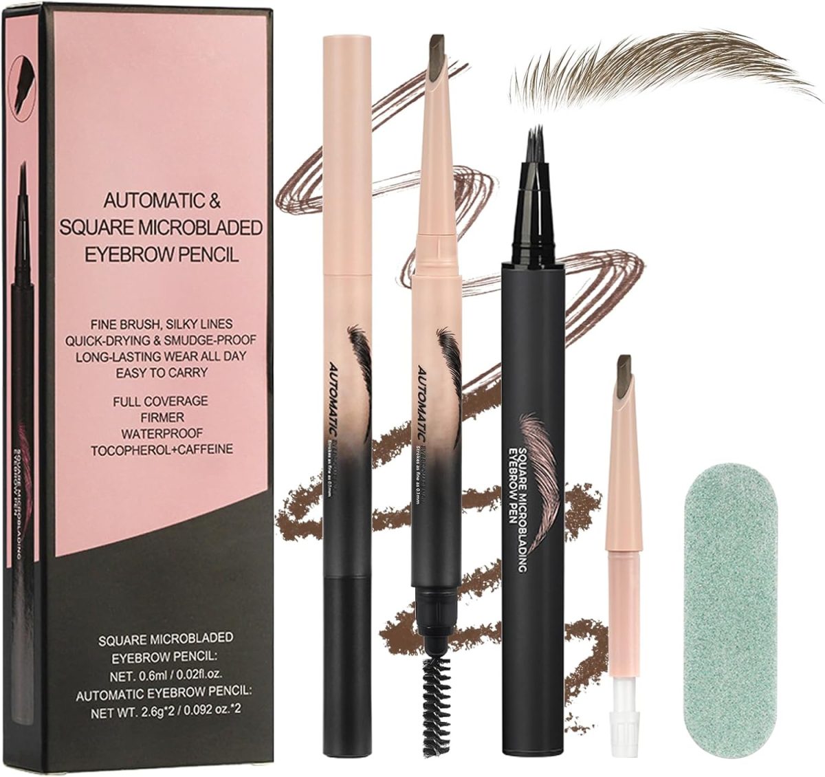 Magical Eyebrow Pen Set, 3-in-1 Liquid Microblading Eyebrow Pencils for Women, Waterproof, Quick-Drying, Upgraded Square Angled Tip for Wild Natural-Looking Brows, All Day (Brown)