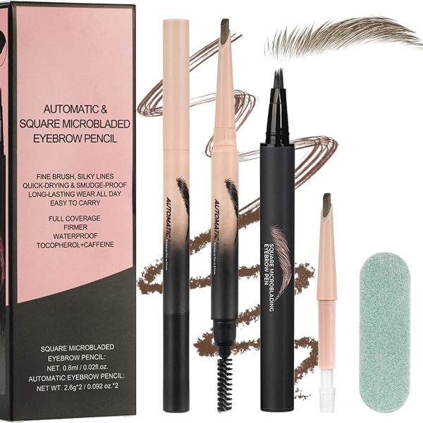 Magical Eyebrow Pen Set, 3-in-1 Liquid Microblading Eyebrow Pencils for Women, Waterproof, Quick-Drying, Upgraded Square Angled Tip for Wild Natural-Looking Brows, All Day (Brown)