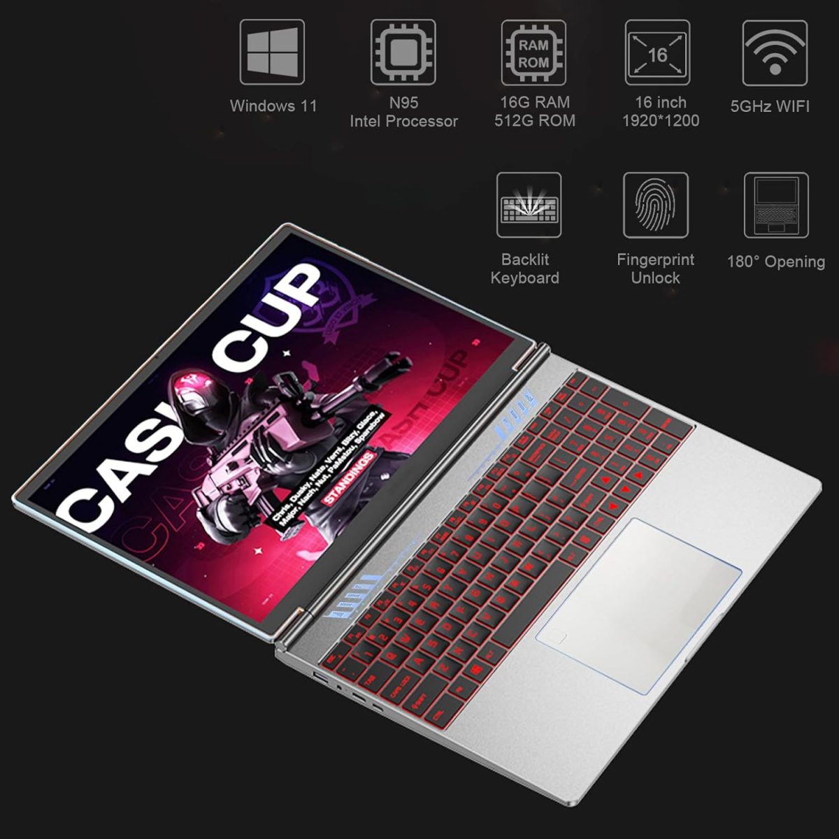 ⁦16 inch Laptop, Windows 11,16GB DDR4 512GB Gaming Laptops with Intel N95 Quad-Core Processor,Fingerprint Unlock Backlit Keyboard,1920P FHD Display,180° opening,WiFi 5GHz,USB3.0,Long Battery Life⁩ - الصورة ⁦2⁩