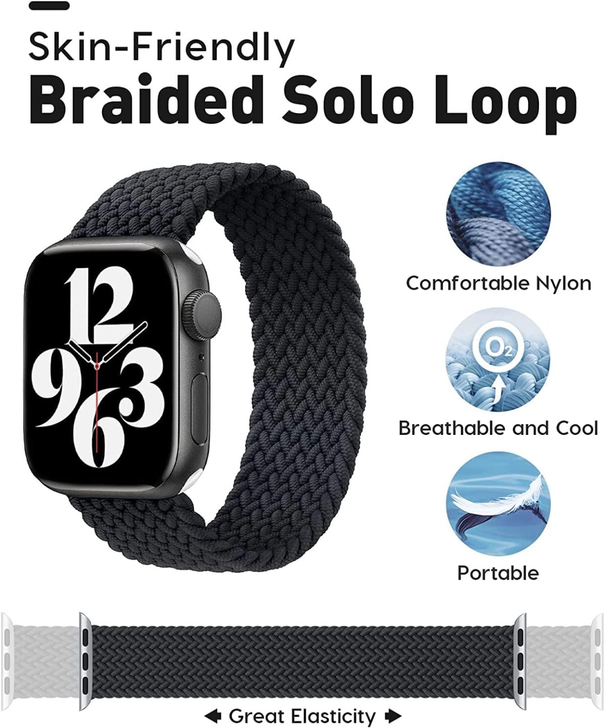 ⁦Dado Braided Solo Loop Nylon Strap for Apple Watch, Elastic Bracelet for Series Ultra 2 | 9 | 8 Ultra | 8 | 7 | 6 | 5 | 4 | 3 | SE with metal connectors⁩ - الصورة ⁦4⁩