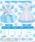 ⁦BIQIQI Princess Costumes for Girls, Blue Princess Dress Fancy Dress with White Apron and Headband, Girls Dressing Up Costumes, Halloween Birthday Party Cosplay Outfit for Kid,Size 130cm-150cm⁩ - الصورة ⁦6⁩