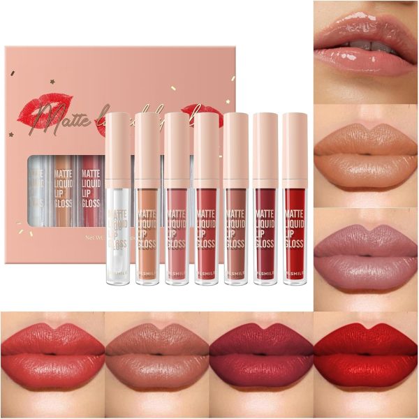 Azonee 7 Pcs Matte Liquid Lipstick Set Lip Plumper Makeup, Pigmented Waterproof Make Up, Lip Gloss Sets Long Wearing Velvet Lip Kit, Long-Lasting Up to 16H Wear, Non-stick Cup