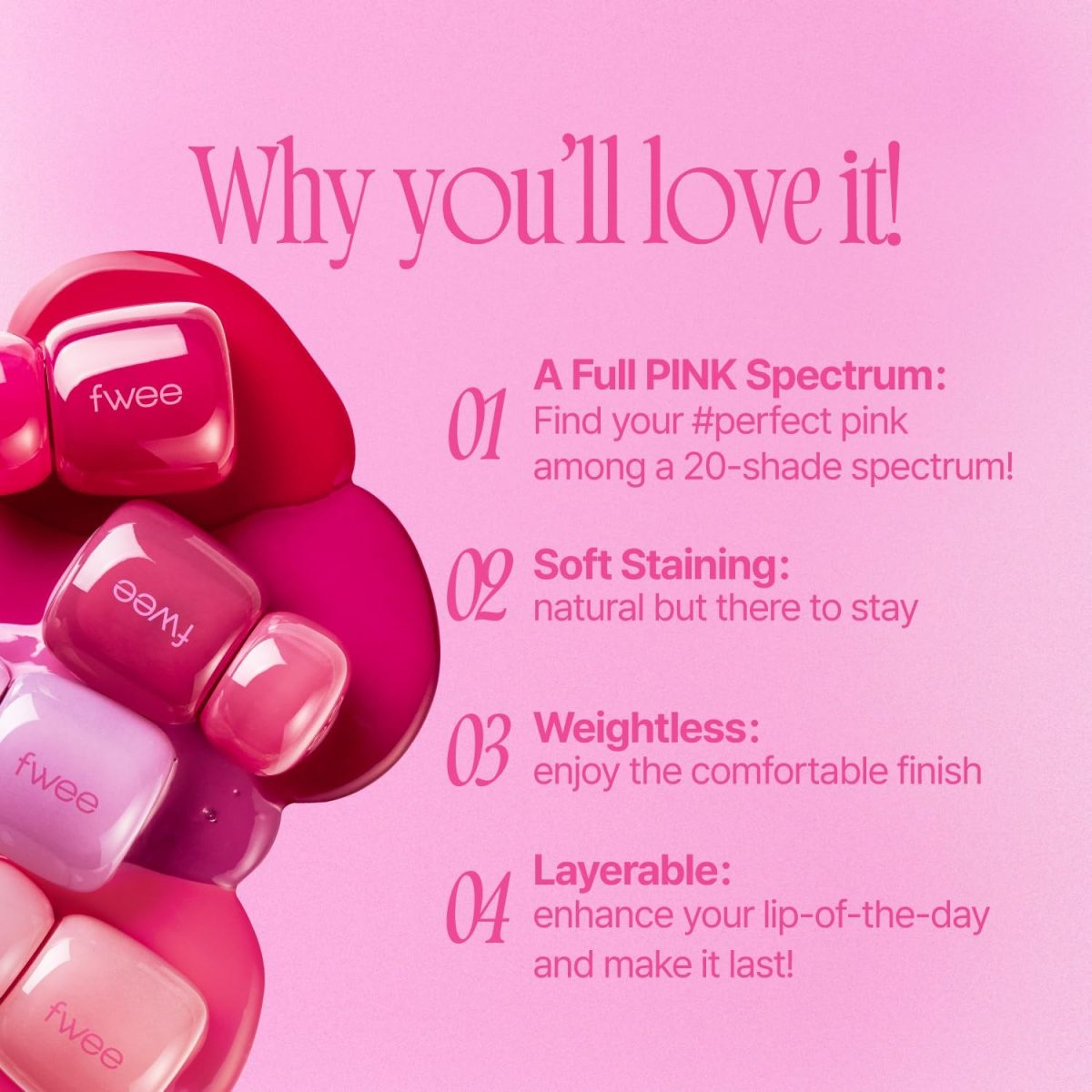 ⁦fwee Pink Obsession Stay-Fit Lip Tint | G07 Kitsch Pink | Weightless & Layerable Tint for Smudge-proof, Long-lasting Wear | Soft Blur Finish or Vibrant Flush | 3.8g⁩ - الصورة ⁦4⁩