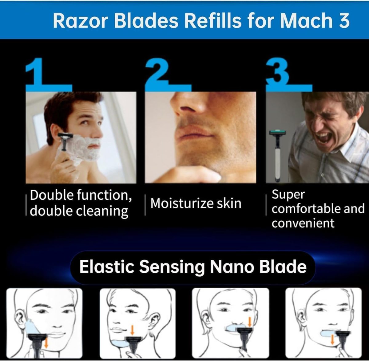 ⁦YHRY Razor Blades Refills, Razor Blades for Men Blades Shaving Compatible with Gillette Mach 3, 3 Layer Face Razors Blades with Double Lubrication Strip for Men Father Boyfriend Home Office Use（8 Pcs）⁩ - الصورة ⁦8⁩