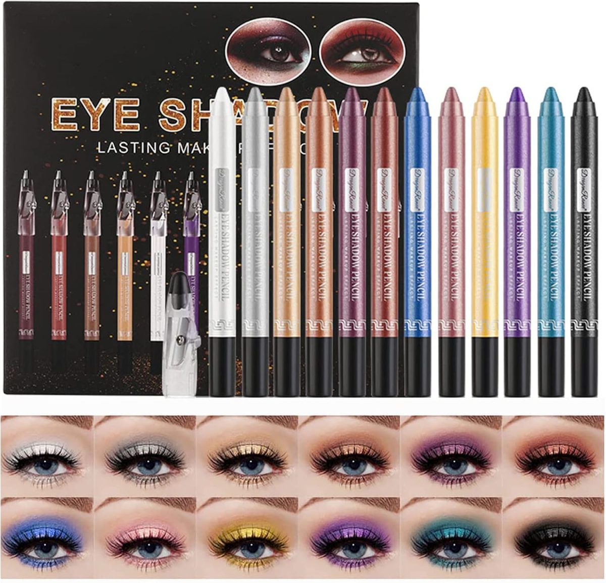 Matte Eyeshadow Pencil Set with Sharpener Cover, Long Lasting Glitter Eyeshadow Stick Waterproof Shiny Colored Sticks Metallic Eyeshadow Pencil Crayon Eye Brightener Makeu p for Women and Girls