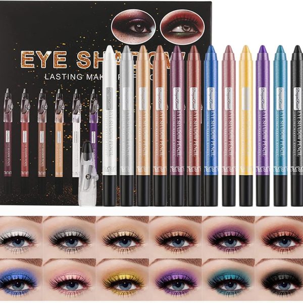 Matte Eyeshadow Pencil Set with Sharpener Cover, Long Lasting Glitter Eyeshadow Stick Waterproof Shiny Colored Sticks Metallic Eyeshadow Pencil Crayon Eye Brightener Makeu p for Women and Girls