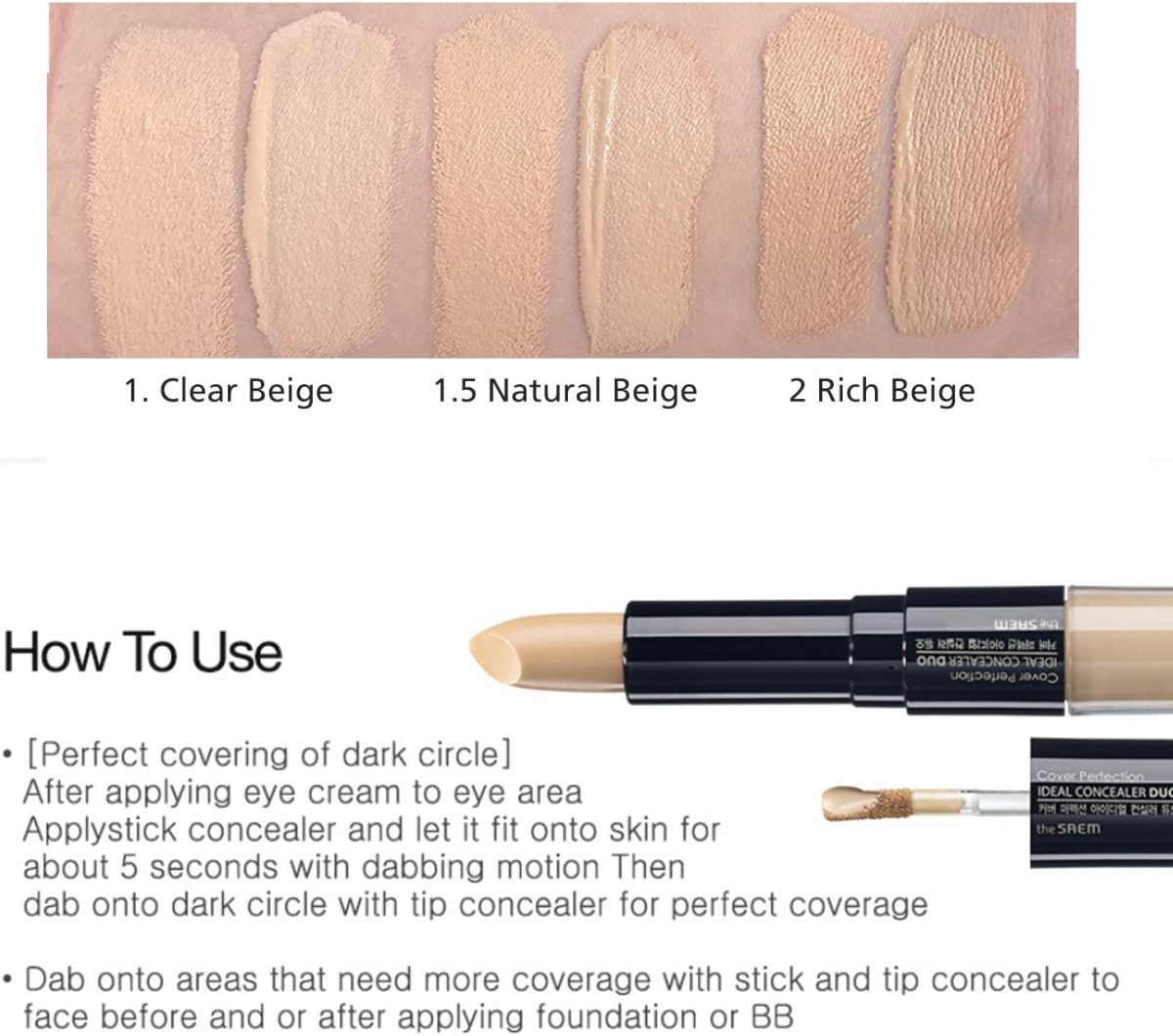 ⁦THE SAEM Cover Perfection Ideal Concealer Duo (#2 Rich Beige) | Dual Type Full Coverage Concealer, High Adherence High Pigmented, No Clumping in Wrinkles, Crease-Proof Concealer⁩ - الصورة ⁦5⁩