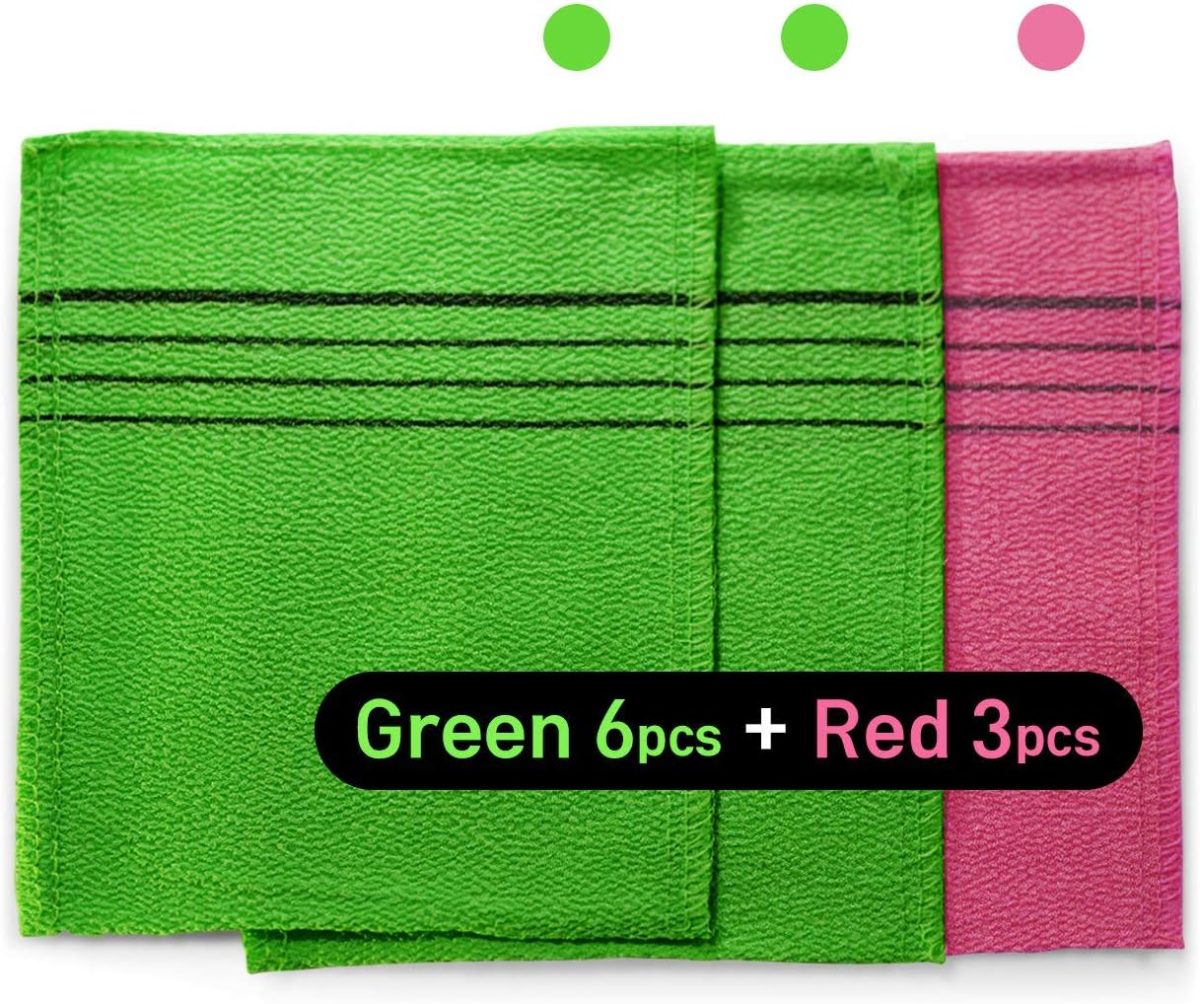 ⁦SUNGBO CLEAMY 9pcs Genuine Korean/Asian Exfoliating Bath Washcloth, Skin Massage (Green 6pcs, Red 3pcs) Genuine Korean Italy Towel, Removing Dry, Dead Skin Cells, Cleaning Pores, Reusable⁩ - الصورة ⁦3⁩