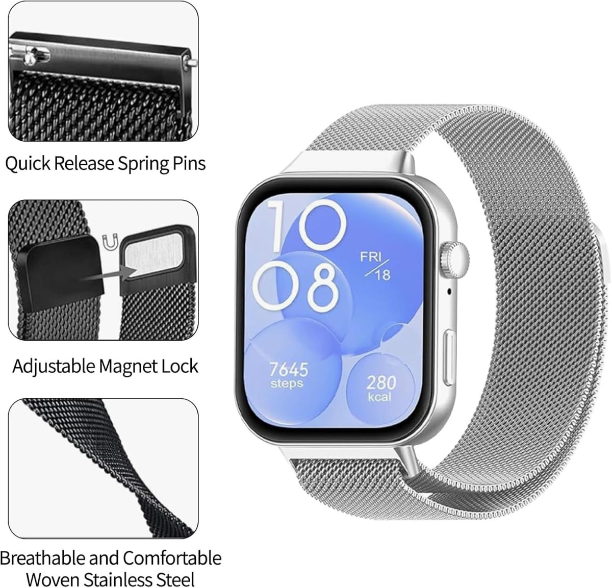 ⁦2 PCS Replacement Bands Compatible with Huawei Watch FIT4 Pro/ FIT3, Magnetic Loop Strap, Stainless Steel Wristbands Classic Business Style Metal Mesh Wristband (Black+Grey)⁩ - الصورة ⁦2⁩