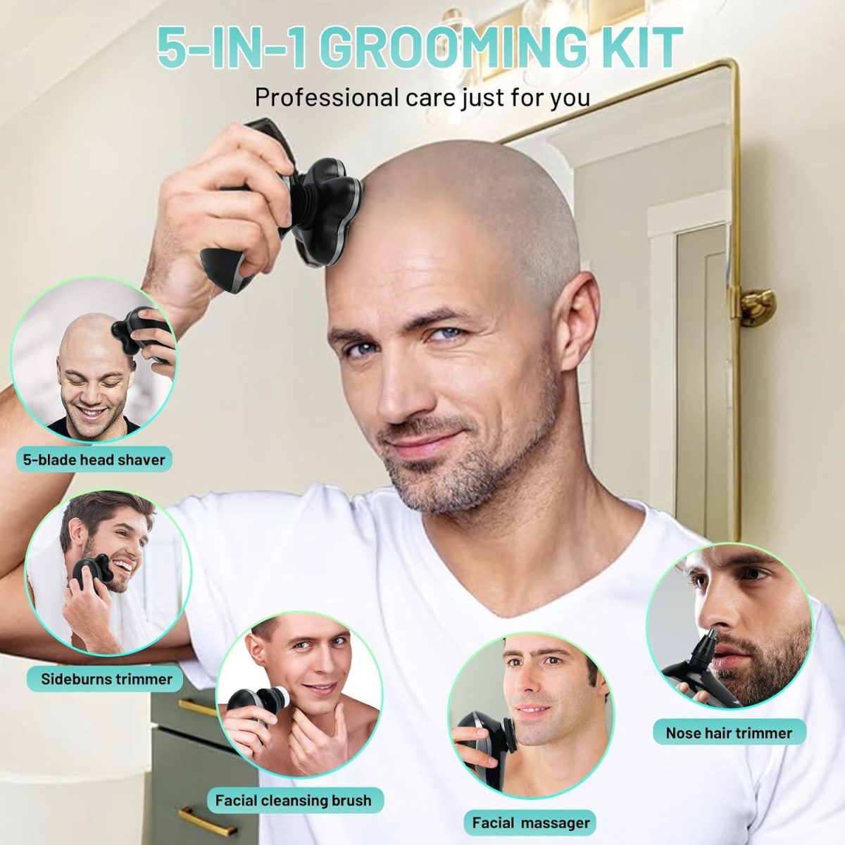 ⁦Congeowe 5-in-1 Electric Head Shaver for Bald Men – IPX7 Waterproof, Rechargeable Wet & Dry Groomer, Black⁩ - الصورة ⁦3⁩