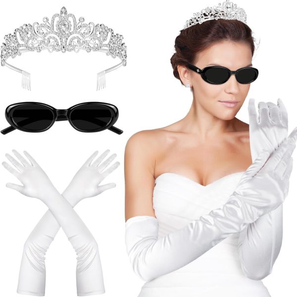 BTHRORO Princess Costume Accessory Set Women Girls Tiara Crown Crystal with Comb Sunglasses White Long Gloves Princess Diaries Costume for Carnival Wedding Prom Birthday Party