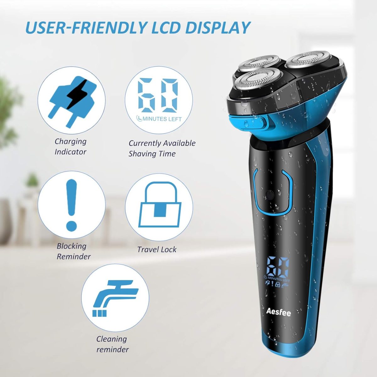 ⁦Aesfee Electric Shaver for Men Waterproof Wet and Dry, Men's Electric Razor Cordless Rechargeable 3D Rotary Electric Shaving Razors with Pop-up Trimmer, LCD Display, Travel Lock⁩ - الصورة ⁦6⁩