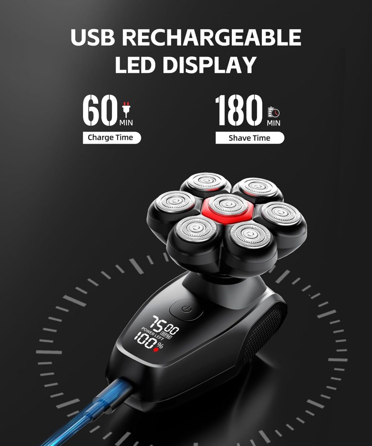 ⁦NEICIT Head Shavers for Bald Men - Magnetic 7D Electric Razor IPX8 Waterproof for Bald Men, Wet/Dry LED Display Rechargeable Rotary Shaver 5-in-1 Grooming Kit with USB-C Charge⁩ - الصورة ⁦5⁩