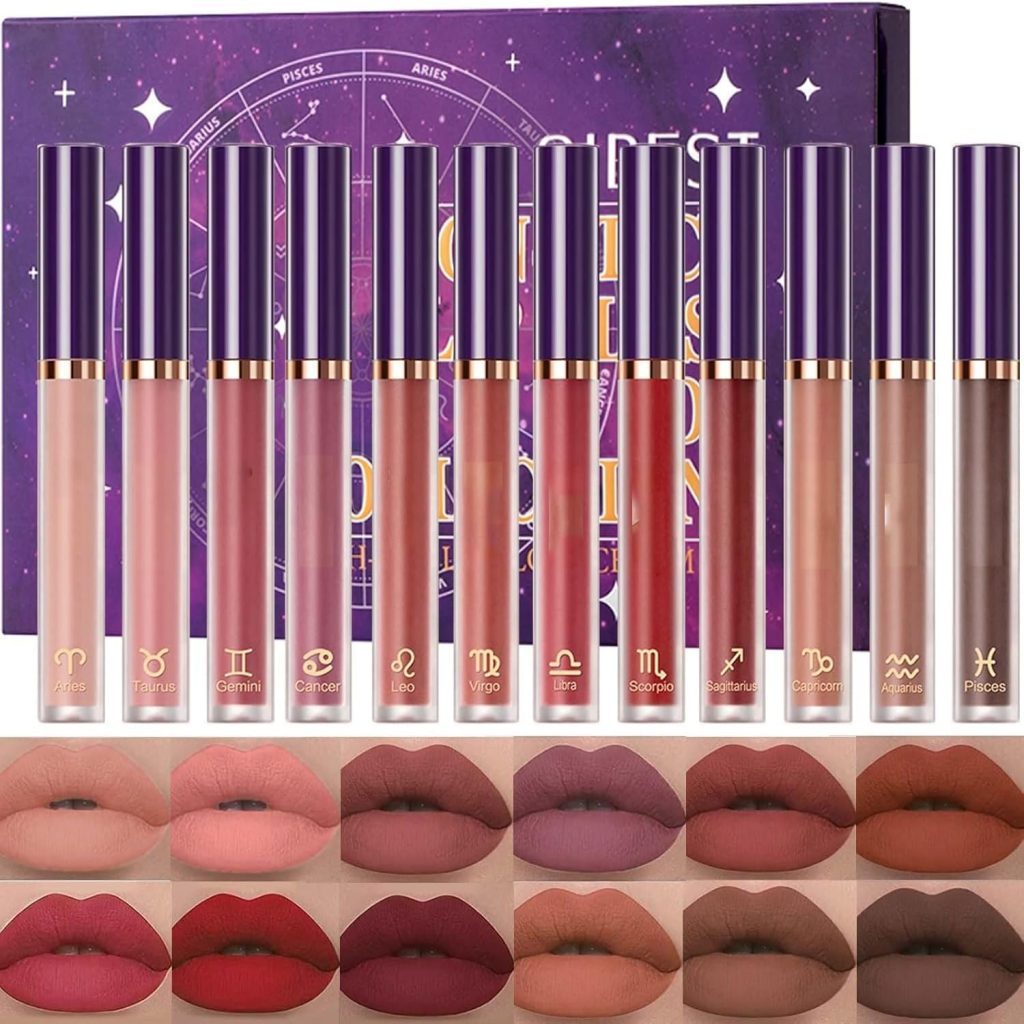 Excefore Matte Liquid Lipstick Makeup Set, 12pcs Long Lasting Waterproof Velvet Lip Gloss High Pigmented Lip, Non-stick Cup Not Fade Waterproof Lip Gloss Makeup Gift for Women and Girls