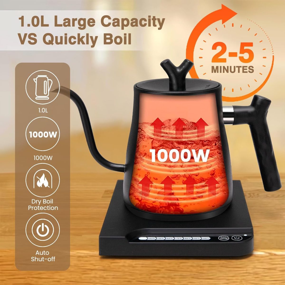 ⁦Prosight Electric Gooseneck Kettle,Fast Boiling Pour Over Electric Water Kettle,304 Stainless Steel Coffee Kettle with Boil-Dry Protection,Keep Warm,Temperature Indicate,Touch Screen Panel, 1000W,1L⁩ - الصورة ⁦4⁩