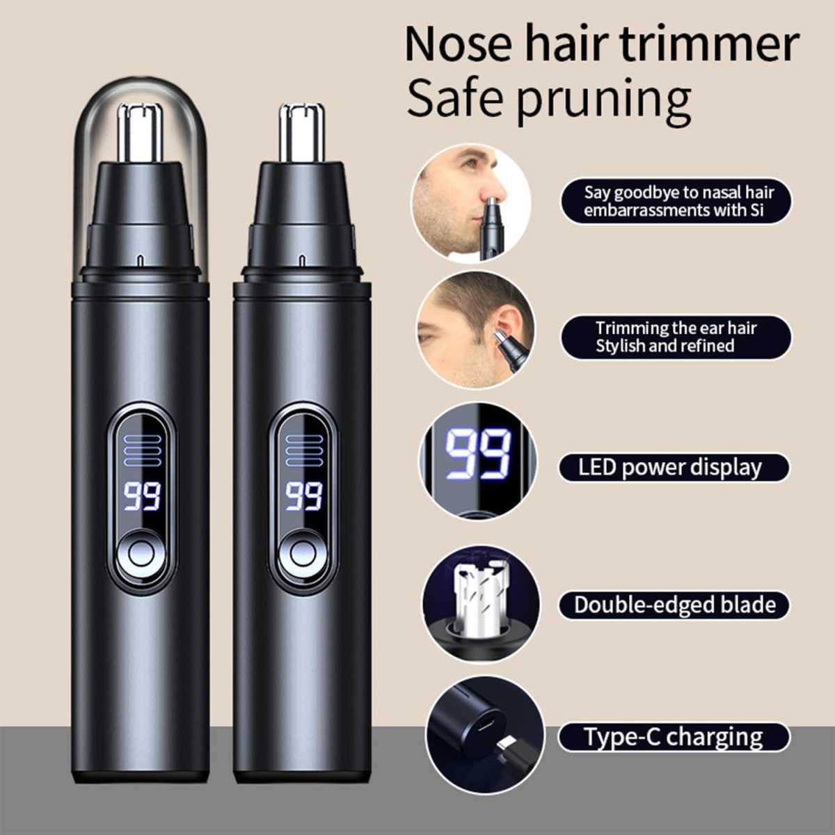 ⁦Rechargeable Nose Hair Trimmer for Men and Women, USB-C Nasal Hair Clipper with LED Display, Painless Ear and Nose Trimmer, Portable Facial Hair Remover, Easy to Clean⁩ - الصورة ⁦2⁩