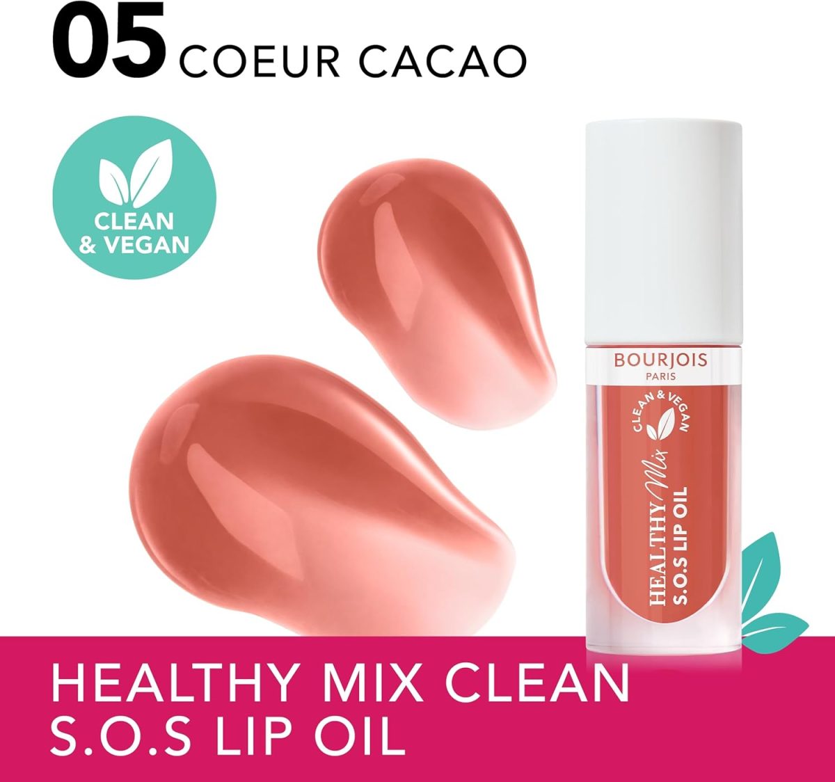 ⁦Bourjois Healthy Mix Clean S.O.S Lip Oil, 05 Coeur Cacao, Hydration Recover & Extra Shine, Nourishing Fruit Oils and Vegan Collagen, Hydrating, 94% Natural Origin Ingredients, 4.5ml (0.15oz)⁩ - الصورة ⁦2⁩