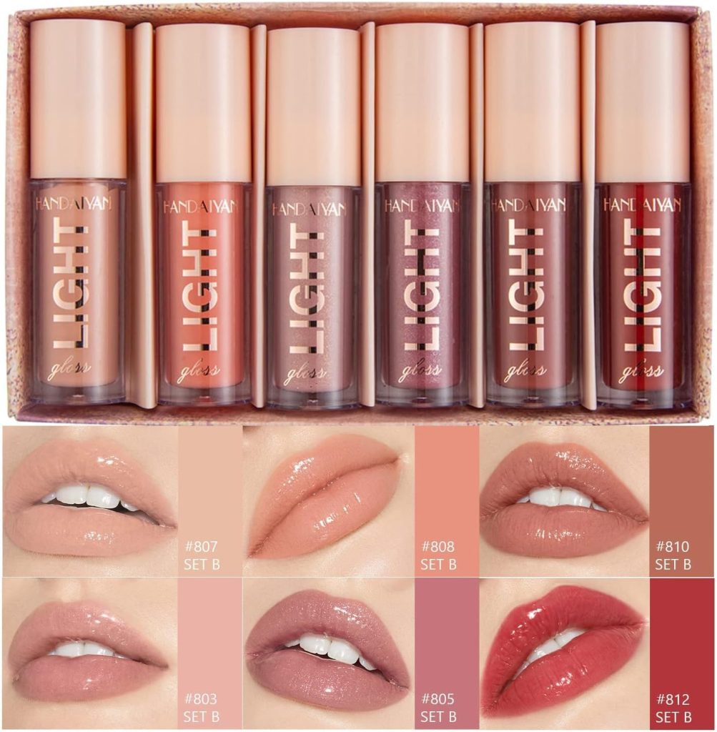 MAEPEOR Shiny Lipgloss Set 6PCS Smooth Moisturizing Lip Gloss Neutral Nude Nourishing Glossy Lipgloss (6PCS Set B)