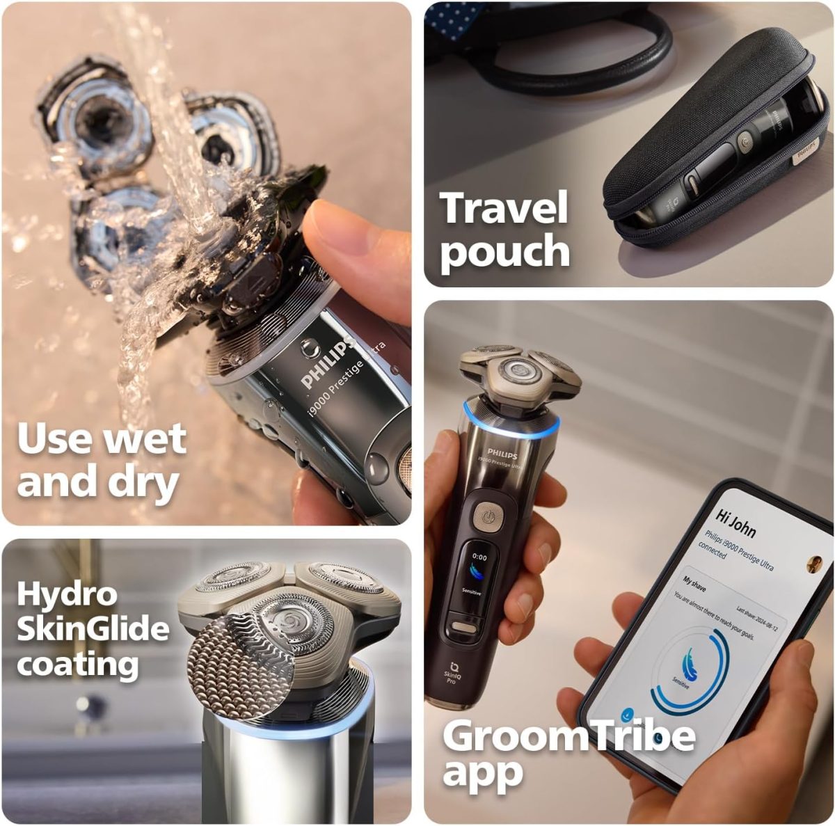 ⁦Philips Razor i9000 Prestige Ultra Wet and Dry Razor for Men, Dark Grey, Pressure and Motion Sensor, Trimmer Attachment, Charging Station and Travel Case (Model XP9402/11)⁩ - الصورة ⁦7⁩