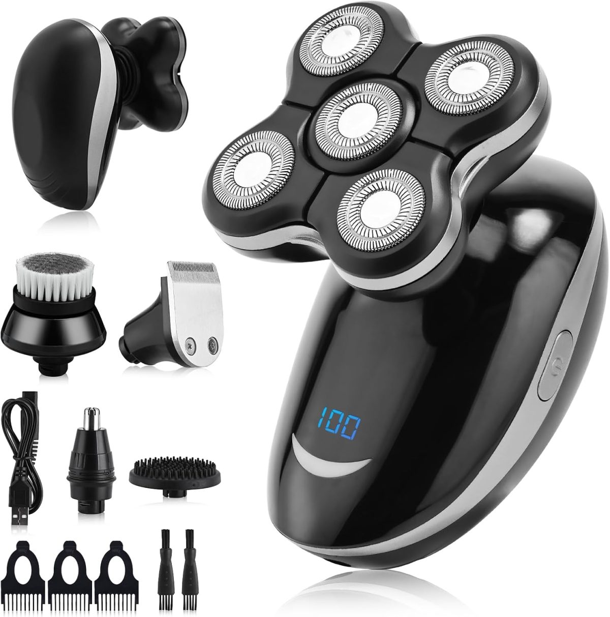 Congeowe 5-in-1 Electric Head Shaver for Bald Men – IPX7 Waterproof, Rechargeable Wet & Dry Groomer, Black