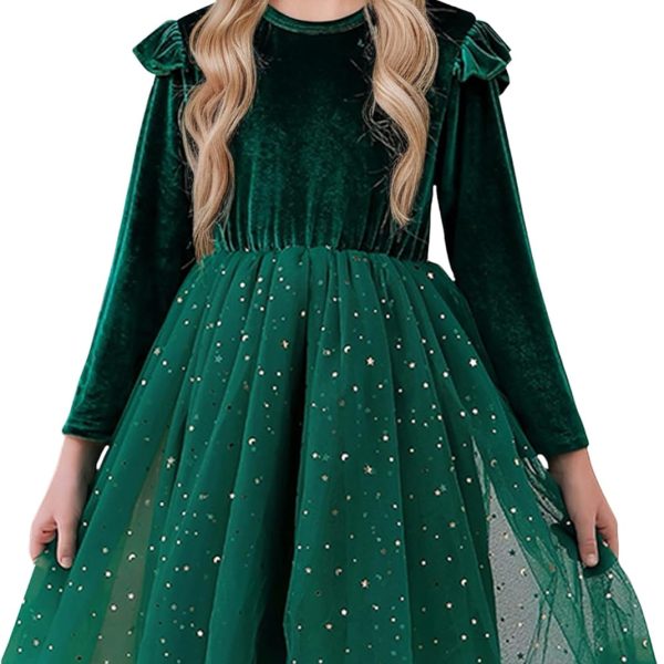 SEAUR Little Girls Long Sleeve Tutu Dress Sparkly Tulle Toddler Holiday Party Dress Ruffle Star Sequin Fall Winter Christmas Halloween 2-8 Years