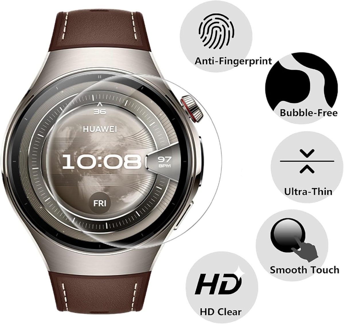 ⁦GIOPUEY Protective Film for Huawei Watch 5 46 mm, [6 Pieces] Flexible TPU Screen Protector Film [Extra-Slim] [Anti-Scratch] – Transparent⁩ - الصورة ⁦7⁩