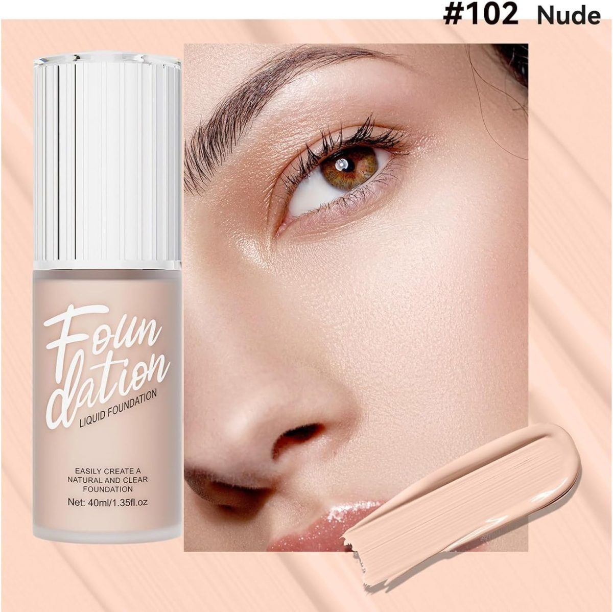 ⁦KASTWAVE Foundation Makeup, Durable Waterproof Soft Matte Liquid Foundation, Oil Control Concealer Cream Full Coverage Foundation. (102 Nude, 40 ml)⁩ - الصورة ⁦3⁩