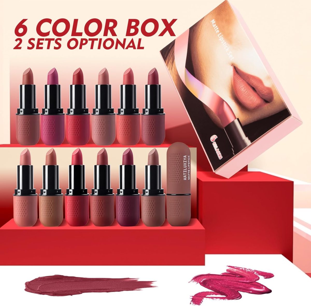 ⁦Katiluxiya 6Pcs Red Velvet Matte Lipstick Set, High Pigmented Long-Lasting Waterproof Lip Stick Lip,Moisturizing balms, Sheer tint, Shine & Glowy Finish,Stain Makeup Gift Sets. (02, color)⁩ - الصورة ⁦6⁩