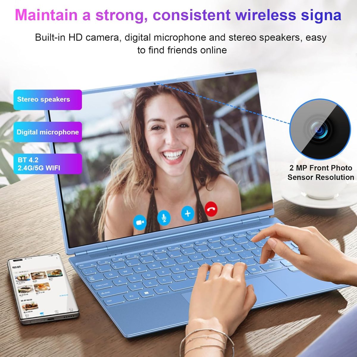 ⁦Laptop 14 Inch Celeron N5095 Up to 2.9Ghz, Win 11 Laptop with 8+256GB SSD Extension 1TB, Notebook Support 5G WiFi丨Bluetooth 4.2丨Cooling Fan丨1920*1200丨Mouse and Keyboard Protector-Blue⁩ - الصورة ⁦5⁩
