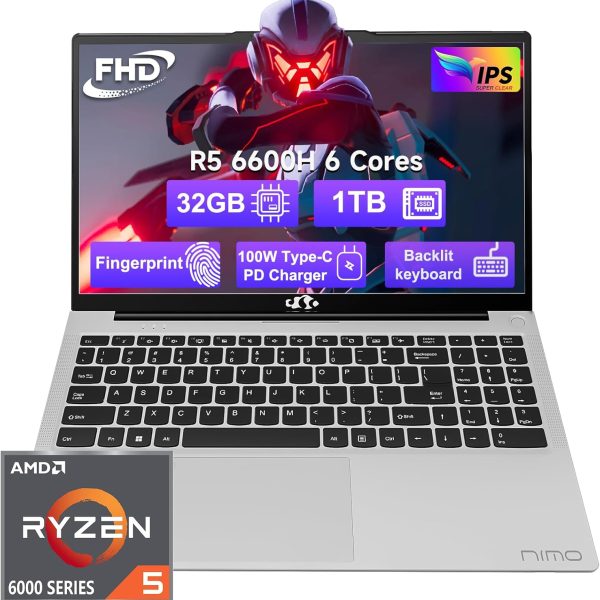 NIMO 15.6 FHD-Laptop, 32GB RAM 1TB SSD, 6 Cores AMD Ryzen 5 6600H (Beat i5-12450H, Up to 4.5GHz), Gaming-Laptop with 100W Type-C 54Wh Battery WiFi 6 BT5.2 Backlit Keyboard Laptop for Student Business