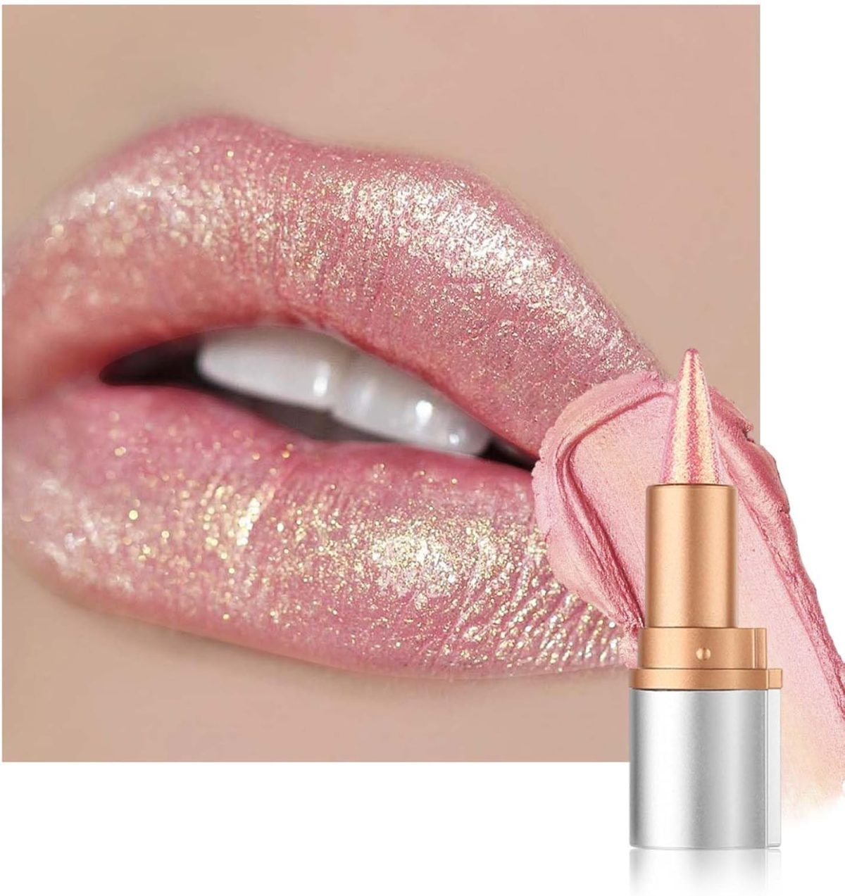 Glitter Lipstick Gold Pink, Smooth Nourishing Lip Liner with Metallic Finish, Long Lasting Shine, Waterproof Lip Liner & Lipstick 2-in-1, Creamy Texture, Highly Pigmented Emergency Stick Lip Gloss