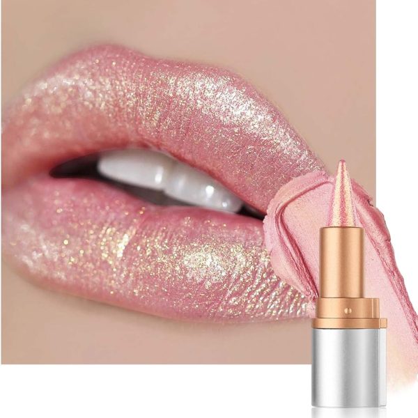Glitter Lipstick Gold Pink, Smooth Nourishing Lip Liner with Metallic Finish, Long Lasting Shine, Waterproof Lip Liner & Lipstick 2-in-1, Creamy Texture, Highly Pigmented Emergency Stick Lip Gloss