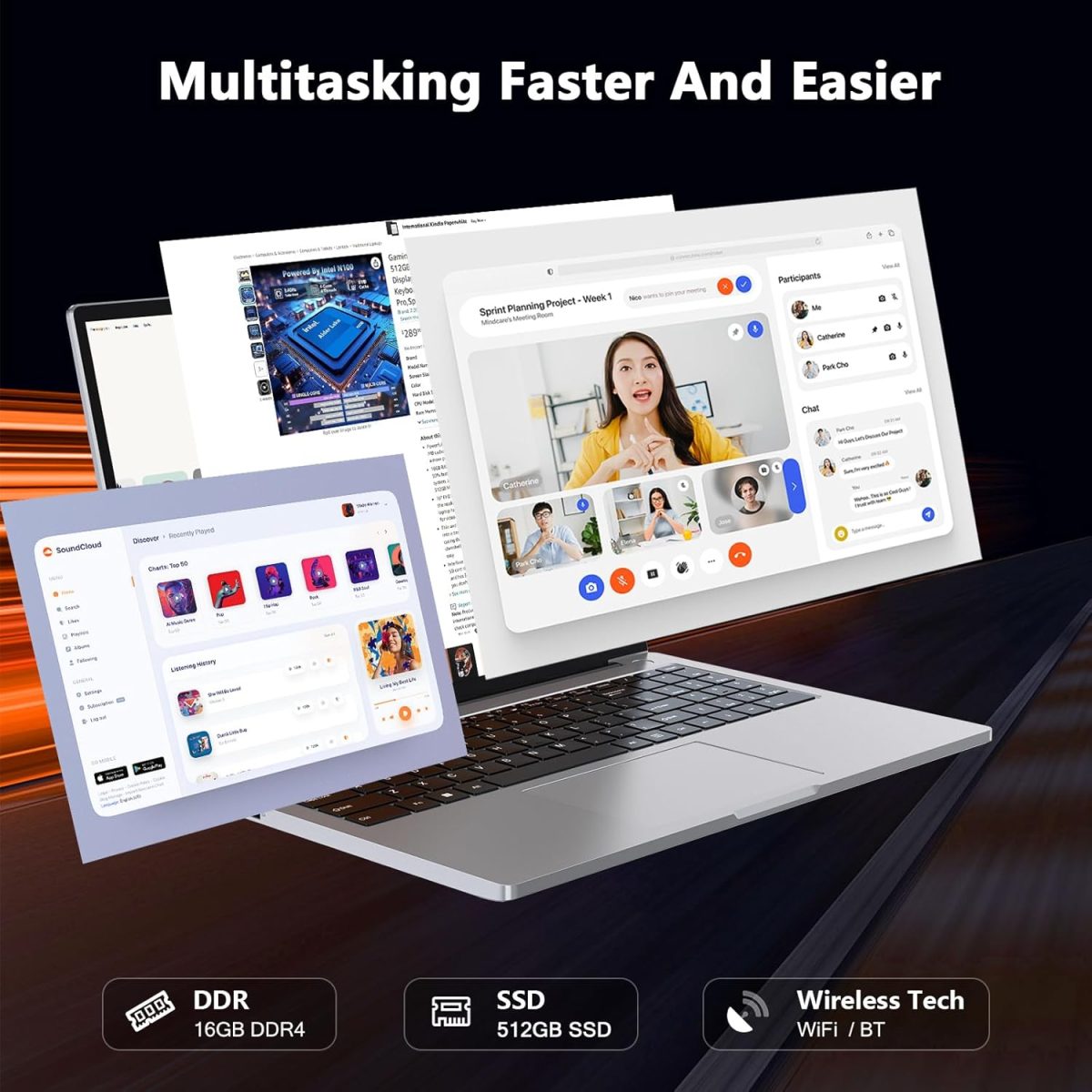 ⁦Z ZOLWAYTAC Gaming Laptop,Laptop Computer,16GB DDR4 512GB SSD,16 Inch,with Full Metal Housing,N100CUP(UP to 3.4Ghz),BT,WiFi,3XUSB3.2,Supports Type C Charging,Webcam,5000Mah Battery,Gray⁩ - الصورة ⁦5⁩
