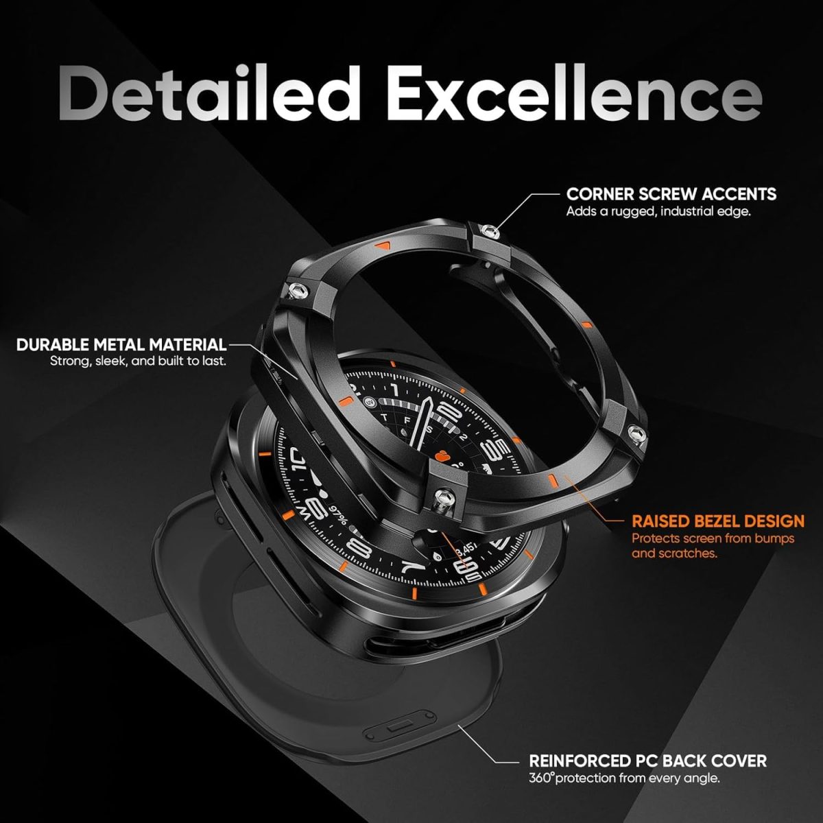 ⁦Metal Case for Samsung Galaxy Watch Ultra 47mm (2024/2025), Rugged 316L Stainless Steel Protective Bezel with Ceramic Back Cover, Shockproof Bumper, Full Body Armor, Multiple Colors⁩ - الصورة ⁦2⁩